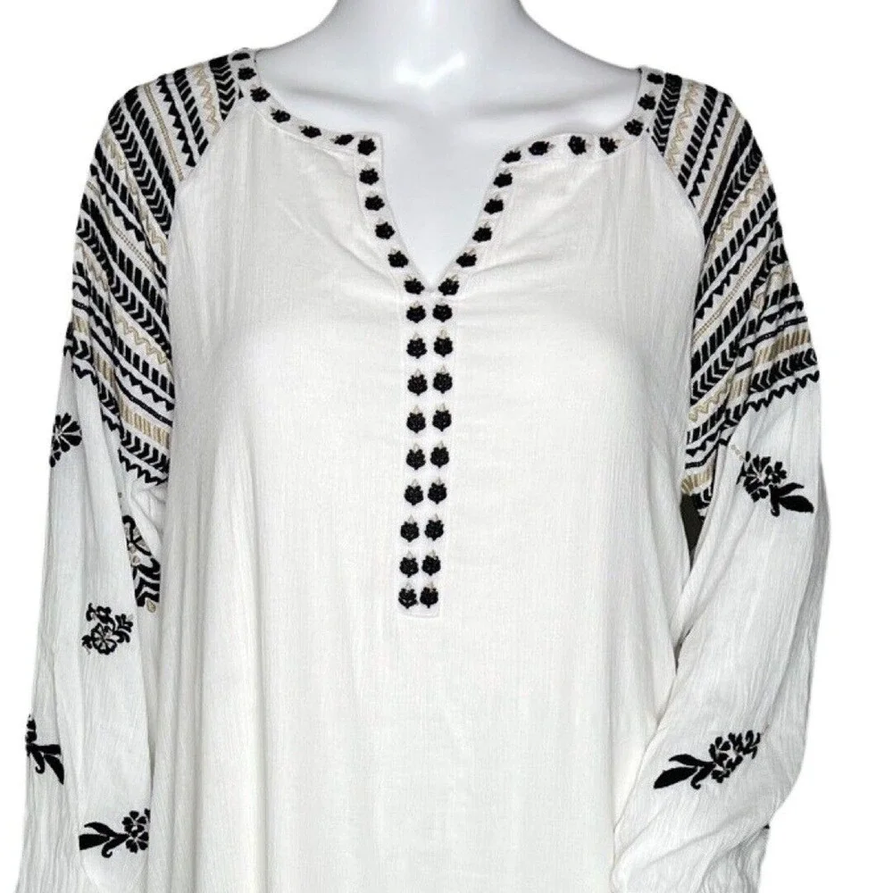 Chicos Dress Womens 6 White Black Embroidered Tunic Shift‎ Boho Bohemian Peasant